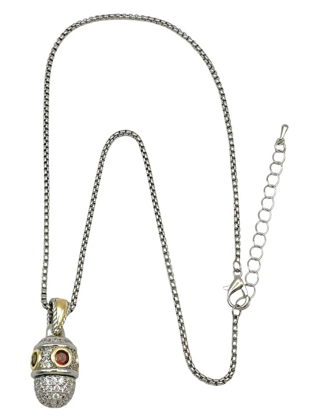 SILVER BOXCHAIN NECKLACE WITH TWO TONE PAVE CRYSTAL PENDANT 17-19" INCH